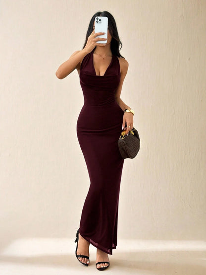 PETITE Women's Solid Color Mesh Draped Neck Elegant Date Dress, Long Dress, Vacation Style, Suitable For Autumn/Winter Holiday Outfit,Petite Women