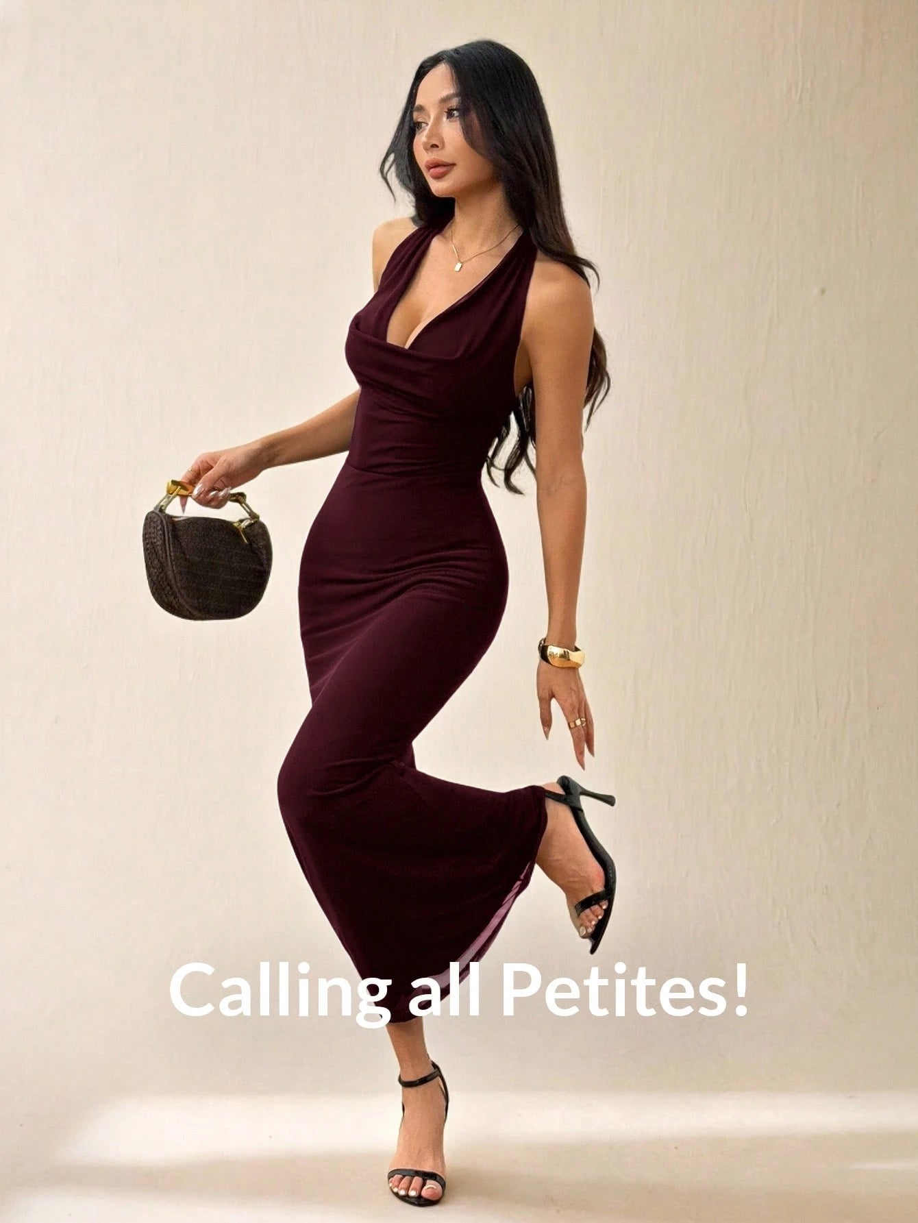PETITE Women's Solid Color Mesh Draped Neck Elegant Date Dress, Long Dress, Vacation Style, Suitable For Autumn/Winter Holiday Outfit,Petite Women