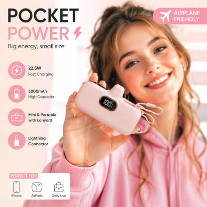 Pink 5000mAh Mini Power Bank With Lightning Plug, Built-In USB-C Cable And 22.5W Fast Charging, With LED Percentage Readout, Smooth Capsule-Style Body And Wrist Lanyard For Daily Carry, Made For IPhon