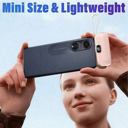 Pink 5000mAh Mini Power Bank With Lightning Plug, Built-In USB-C Cable And 22.5W Fast Charging, With LED Percentage Readout, Smooth Capsule-Style Body And Wrist Lanyard For Daily Carry, Made For IPhon