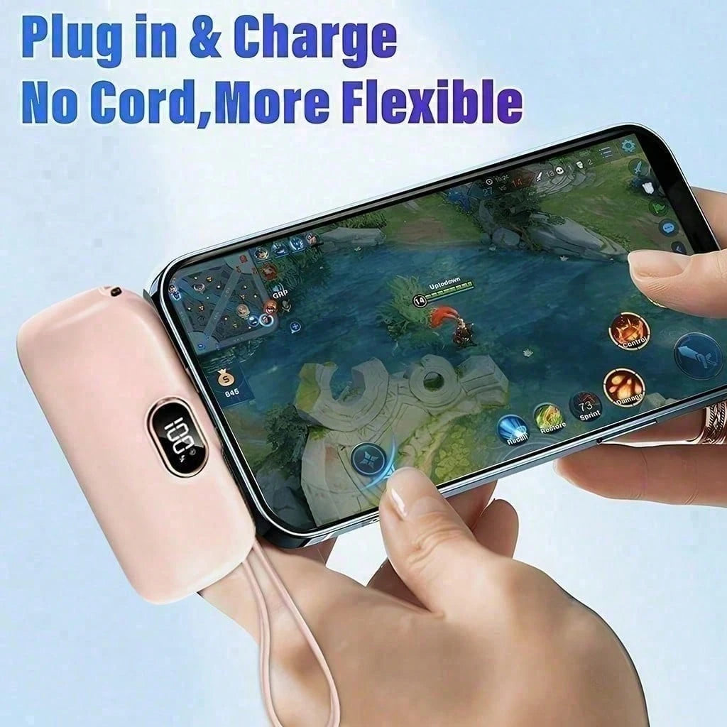 Pink 5000mAh Mini Power Bank With Lightning Plug, Built-In USB-C Cable And 22.5W Fast Charging, With LED Percentage Readout, Smooth Capsule-Style Body And Wrist Lanyard For Daily Carry, Made For IPhon