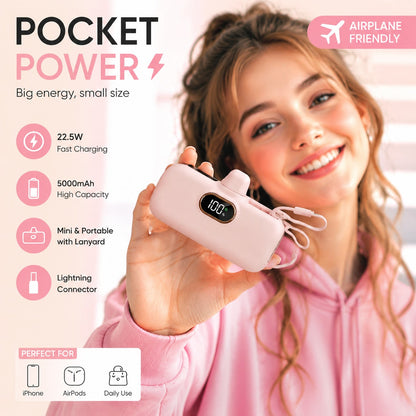 Pink 5000mAh Mini Power Bank With Lightning Plug, Built-In USB-C Cable And 22.5W Fast Charging, With LED Percentage Readout, Smooth Capsule-Style Body And Wrist Lanyard For Daily Carry, Made For IPhon