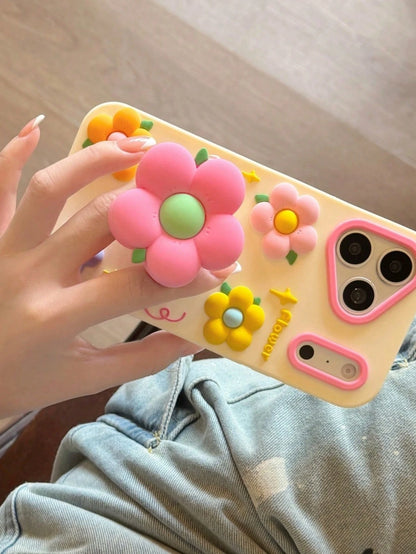 Pink Flower Expandable Phone Holder Suitable Compatible With Iphone 17 Pro Max, 17 New, 15 Creative, 14 Niche, 13 Female, 17 Pro, Silicone Shockproof Protective Case Compatible With Iphone 16 Pro Max