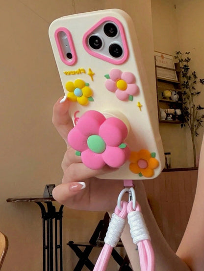 Pink Flower Expandable Phone Holder Suitable Compatible With Iphone 17 Pro Max, 17 New, 15 Creative, 14 Niche, 13 Female, 17 Pro, Silicone Shockproof Protective Case Compatible With Iphone 16 Pro Max