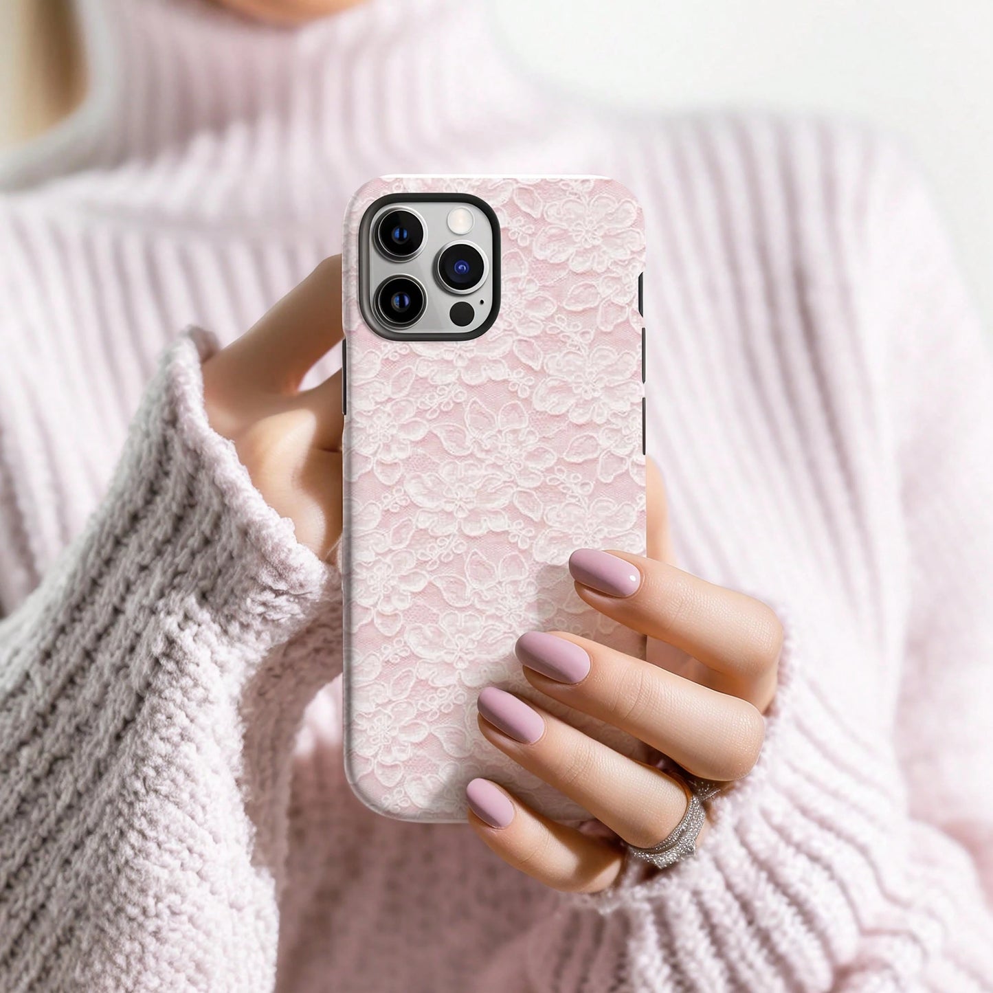 Pink Lace Fashion Shockproof Floral Blush 2-In-1 Phone Case Compatible With IPhone 17/16/15/14/13/12/11 Pro Max Birthday Gift Anniversary Party