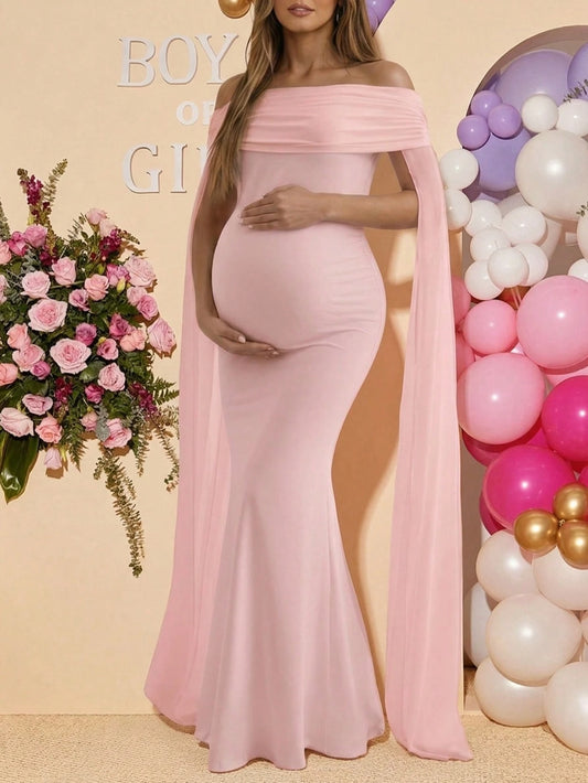 Pink Maternity Off Shoulder Sleeveless Sheer Knit Mermaid Maxi Dress, Elegant Maternity Photography, Wedding Guest, Party Gown Fall
