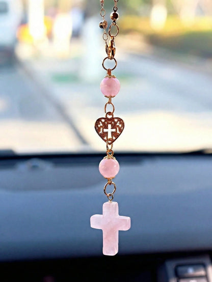 Pink Natural Rose Quartz Cross Car Rearview Mirror Ornament Religious Crystal Auto Interior Ornament, Heart-Accented Cross Pendant Spiritual Guardian Decor Rearview Mirror Accessory Holiday Gift For W