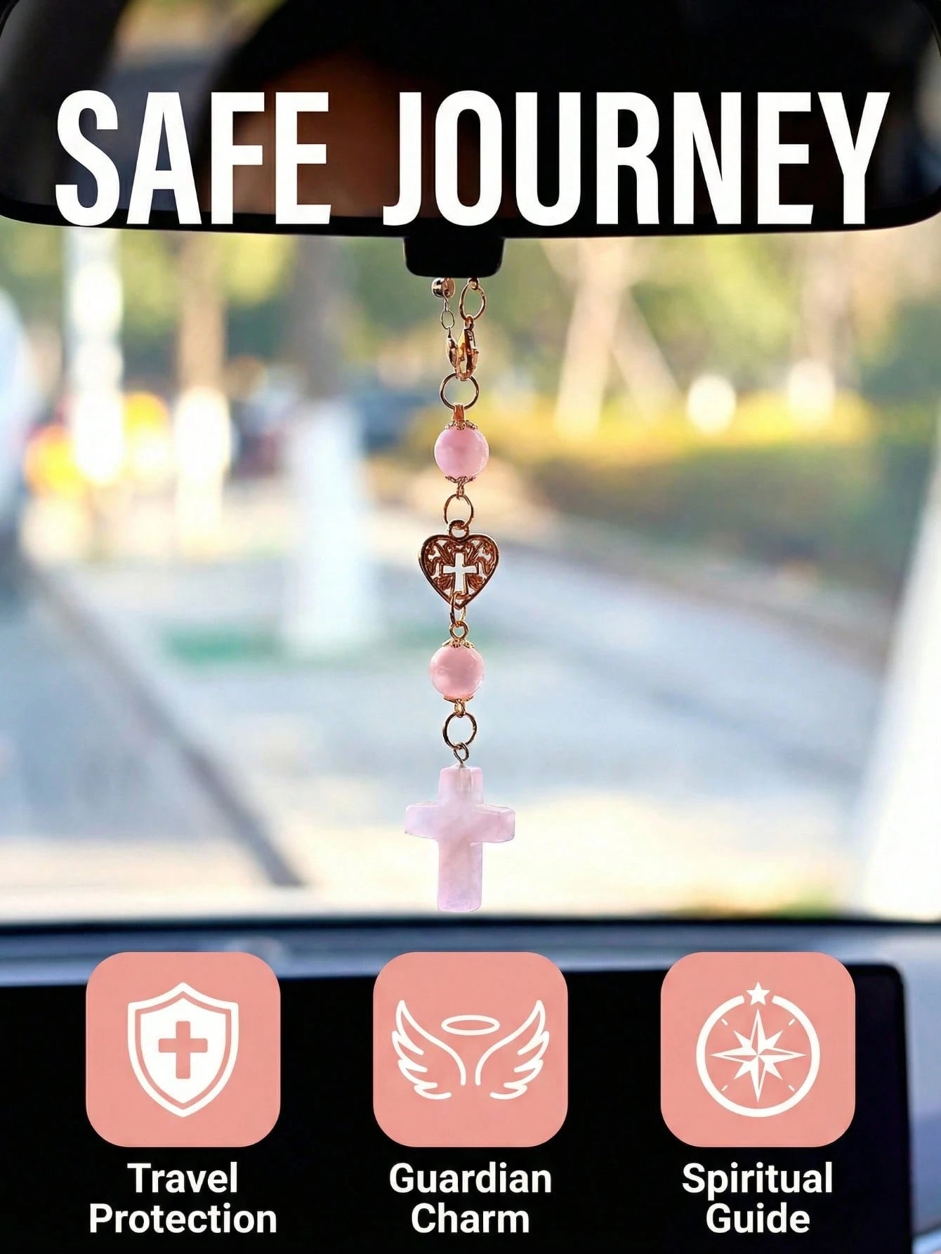 Pink Natural Rose Quartz Cross Car Rearview Mirror Ornament Religious Crystal Auto Interior Ornament, Heart-Accented Cross Pendant Spiritual Guardian Decor Rearview Mirror Accessory Holiday Gift For W