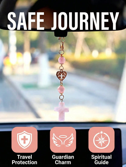 Pink Natural Rose Quartz Cross Car Rearview Mirror Ornament Religious Crystal Auto Interior Ornament, Heart-Accented Cross Pendant Spiritual Guardian Decor Rearview Mirror Accessory Holiday Gift For W