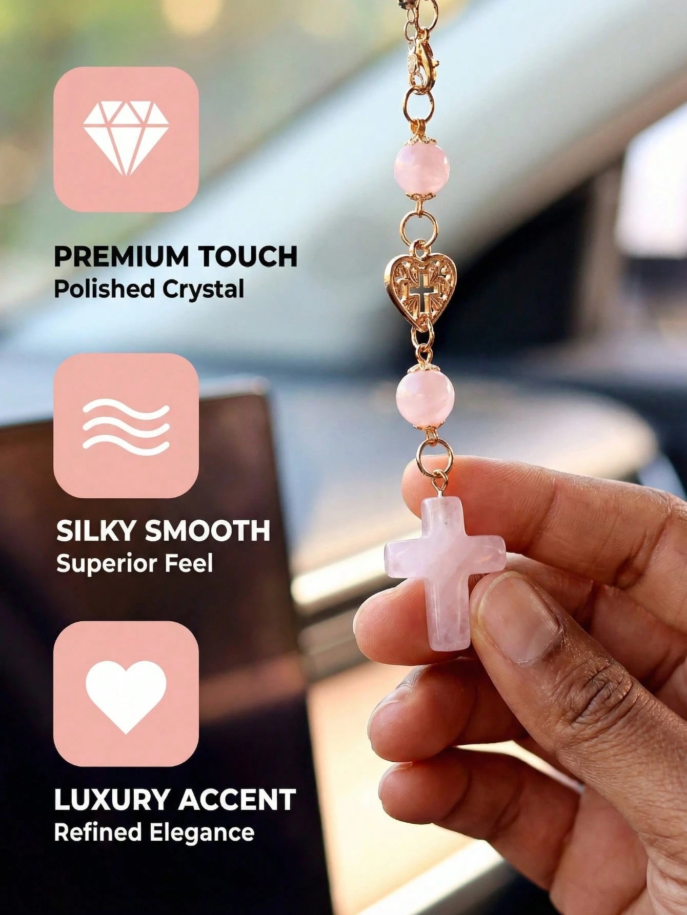 Pink Natural Rose Quartz Cross Car Rearview Mirror Ornament Religious Crystal Auto Interior Ornament, Heart-Accented Cross Pendant Spiritual Guardian Decor Rearview Mirror Accessory Holiday Gift For W