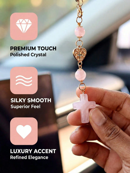 Pink Natural Rose Quartz Cross Car Rearview Mirror Ornament Religious Crystal Auto Interior Ornament, Heart-Accented Cross Pendant Spiritual Guardian Decor Rearview Mirror Accessory Holiday Gift For W