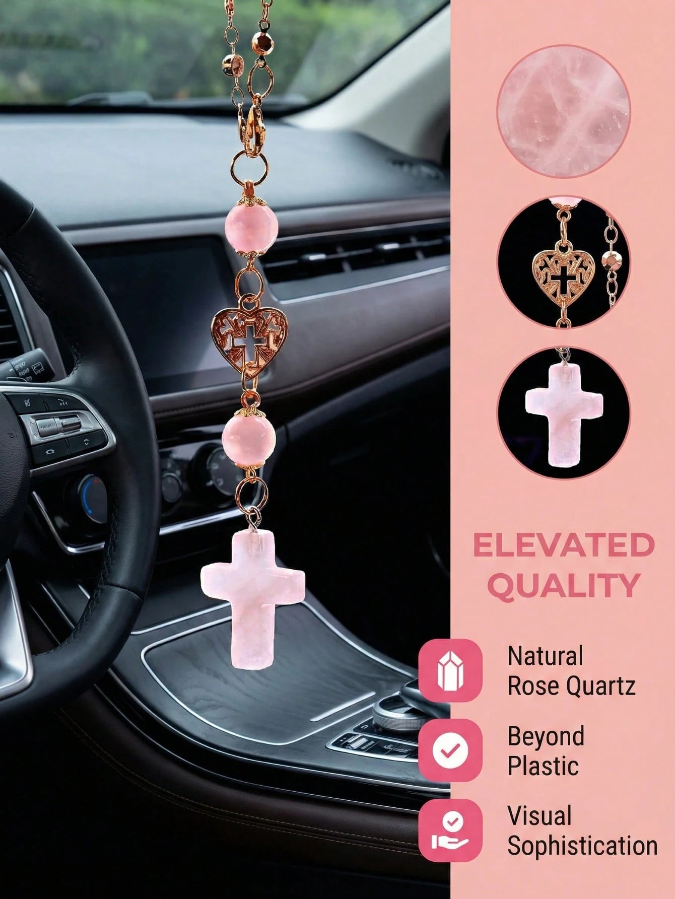 Pink Natural Rose Quartz Cross Car Rearview Mirror Ornament Religious Crystal Auto Interior Ornament, Heart-Accented Cross Pendant Spiritual Guardian Decor Rearview Mirror Accessory Holiday Gift For W