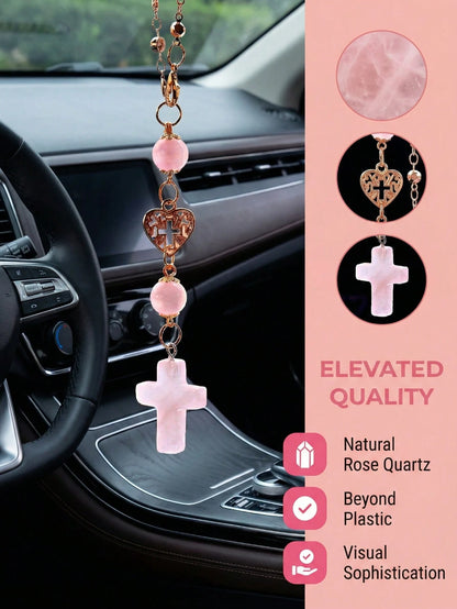 Pink Natural Rose Quartz Cross Car Rearview Mirror Ornament Religious Crystal Auto Interior Ornament, Heart-Accented Cross Pendant Spiritual Guardian Decor Rearview Mirror Accessory Holiday Gift For W