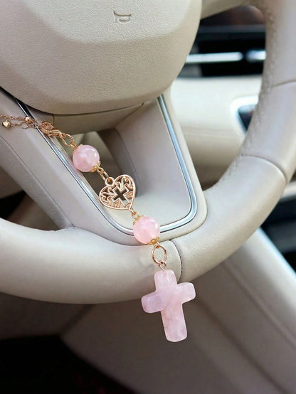 Pink Natural Rose Quartz Cross Car Rearview Mirror Ornament Religious Crystal Auto Interior Ornament, Heart-Accented Cross Pendant Spiritual Guardian Decor Rearview Mirror Accessory Holiday Gift For W