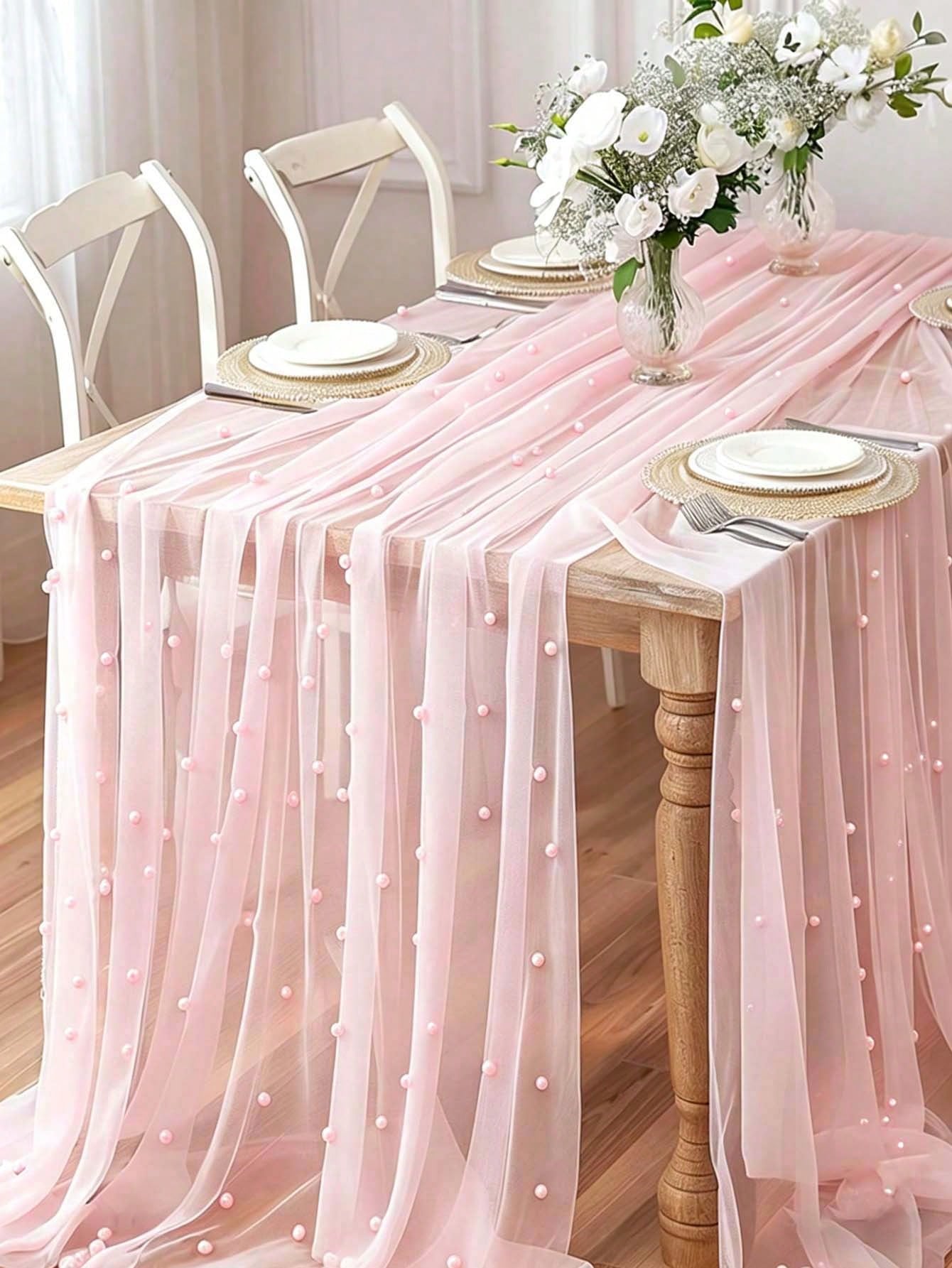 Pink Pearl Gauze Tablecloth, Bohemian Country Style Cheesecloth Table Runner, Suitable For Baby Shower, Wedding, Summer Party, Home Decor, Gift