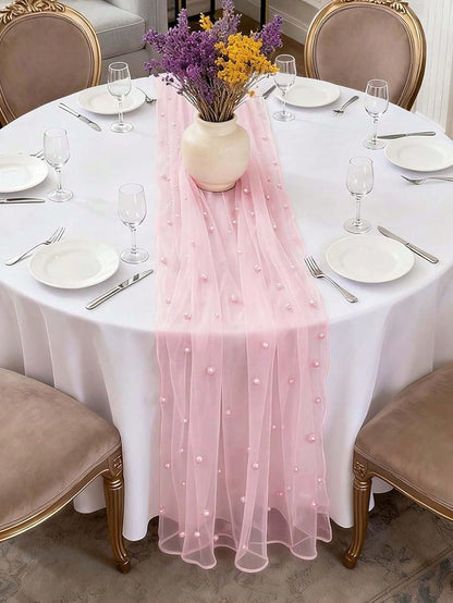 Pink Pearl Gauze Tablecloth, Bohemian Country Style Cheesecloth Table Runner, Suitable For Baby Shower, Wedding, Summer Party, Home Decor, Gift