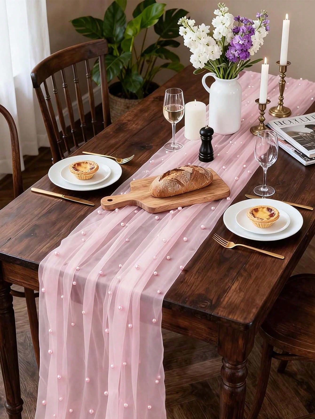 Pink Pearl Gauze Tablecloth, Bohemian Country Style Cheesecloth Table Runner, Suitable For Baby Shower, Wedding, Summer Party, Home Decor, Gift