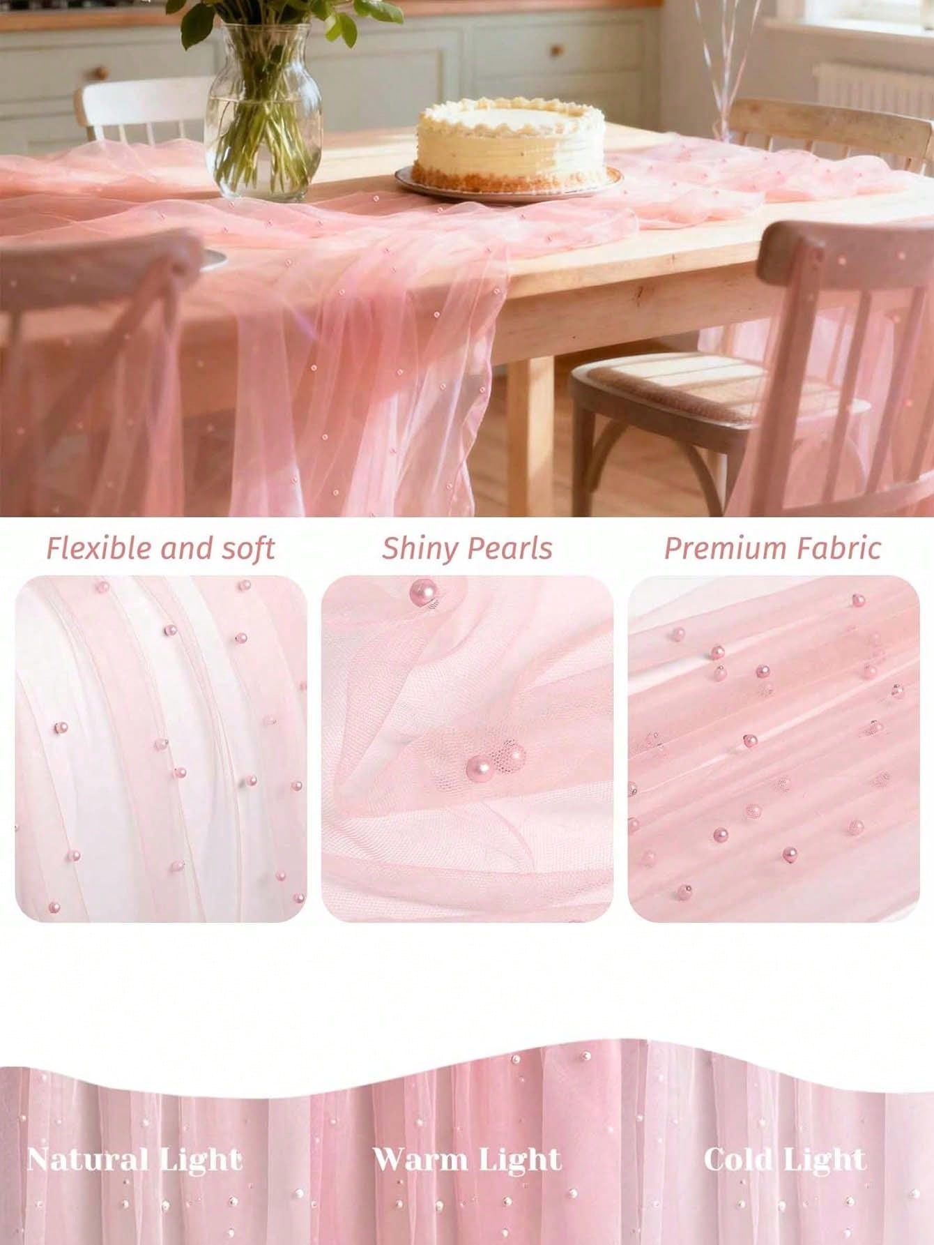 Pink Pearl Gauze Tablecloth, Bohemian Country Style Cheesecloth Table Runner, Suitable For Baby Shower, Wedding, Summer Party, Home Decor, Gift