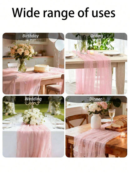 Pink Pearl Gauze Tablecloth, Bohemian Country Style Cheesecloth Table Runner, Suitable For Baby Shower, Wedding, Summer Party, Home Decor, Gift