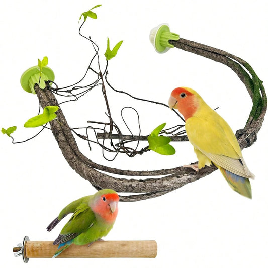 PINVNBY 2 PCS Bendable Bird Perches Simulation Branch Parrot Perch Stand With Green Leaf Hanging Paw Grinding Fork Cage Accessories Parakeet Budgie Finch Cockatiel Conure (Medium)