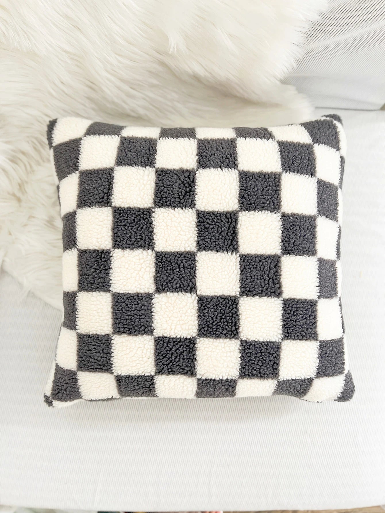 Plaid Pattern Plush Cushion Cover Without Filler