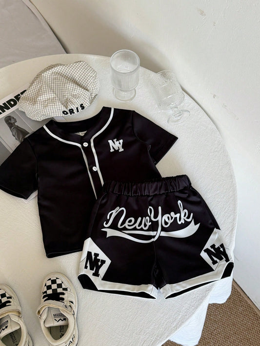 Playful Pals 2pcs Infant Toddler Baby Boy Street Life Casual Graphic Street Fashion Beach Summer Black Reflective Ink Print Sports Jersey T-Shirt And Shorts Set
