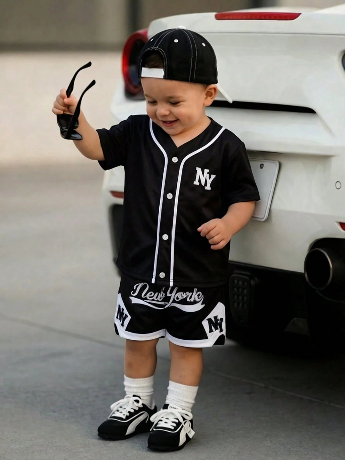 Playful Pals 2pcs Infant Toddler Baby Boy Street Life Casual Graphic Street Fashion Beach Summer Black Reflective Ink Print Sports Jersey T-Shirt And Shorts Set