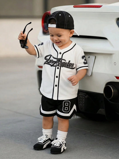 Playful Pals 2pcs Infant Toddler Baby Boy Street Life Casual Graphic Street Fashion Beach Summer Black Reflective Ink Print Sports Jersey T-Shirt And Shorts Set