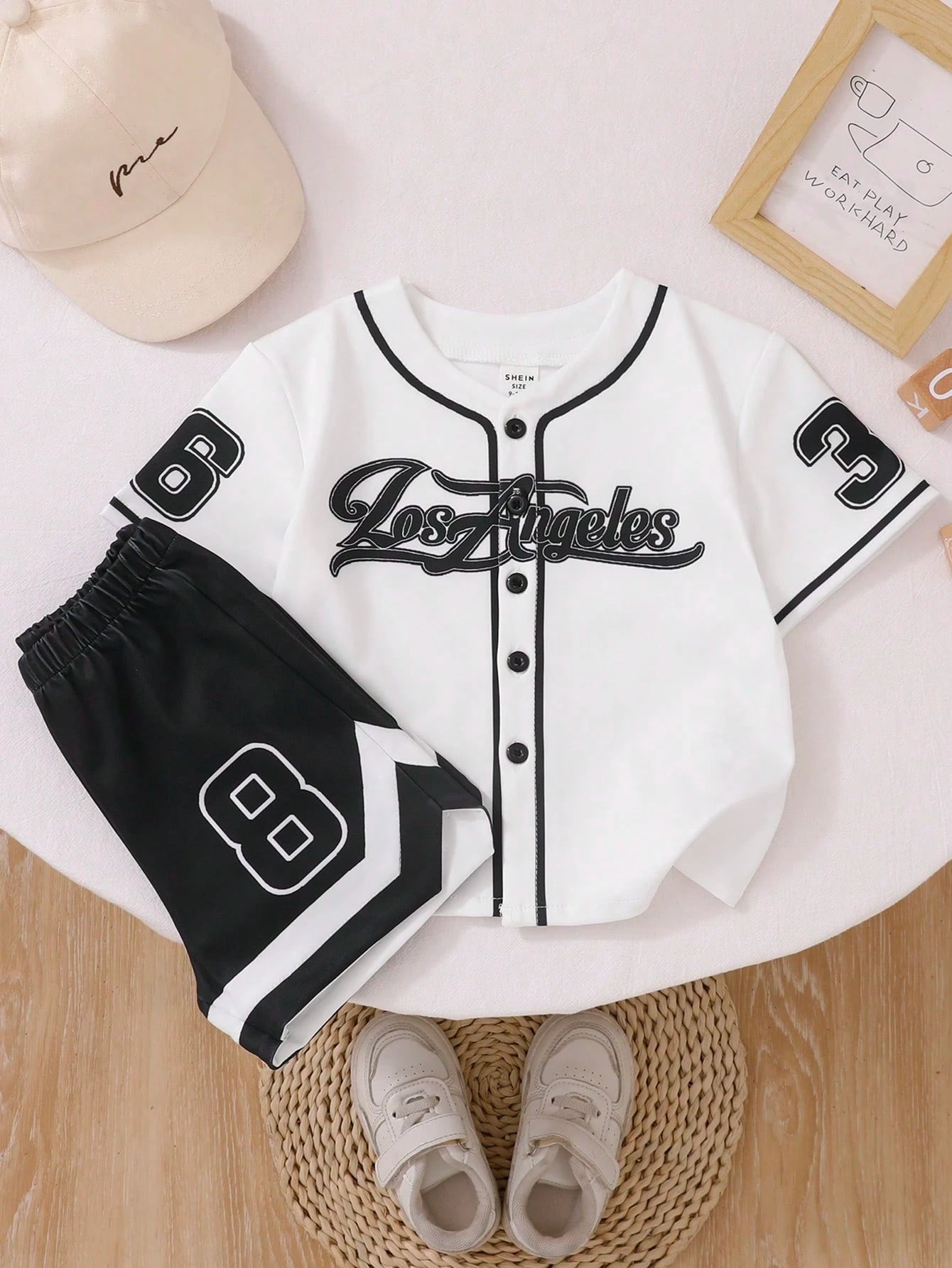 Playful Pals 2pcs Infant Toddler Baby Boy Street Life Casual Graphic Street Fashion Beach Summer Black Reflective Ink Print Sports Jersey T-Shirt And Shorts Set