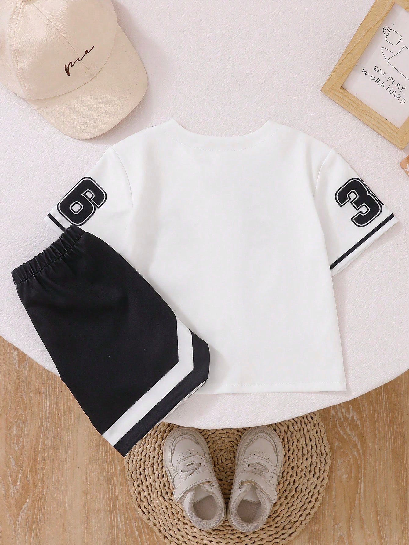 Playful Pals 2pcs Infant Toddler Baby Boy Street Life Casual Graphic Street Fashion Beach Summer Black Reflective Ink Print Sports Jersey T-Shirt And Shorts Set