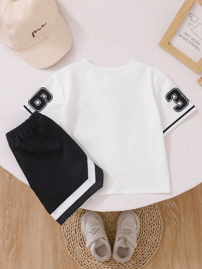Playful Pals 2pcs Infant Toddler Baby Boy Street Life Casual Graphic Street Fashion Beach Summer Black Reflective Ink Print Sports Jersey T-Shirt And Shorts Set