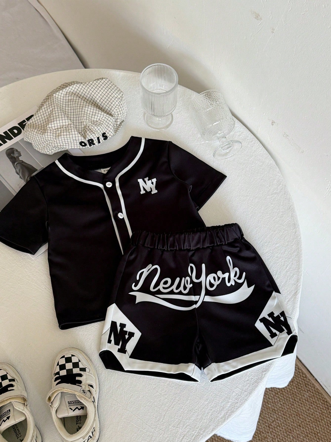 Playful Pals 2pcs Infant Toddler Baby Boy Street Life Casual Graphic Street Fashion Beach Summer Black Reflective Ink Print Sports Jersey T-Shirt And Shorts Set