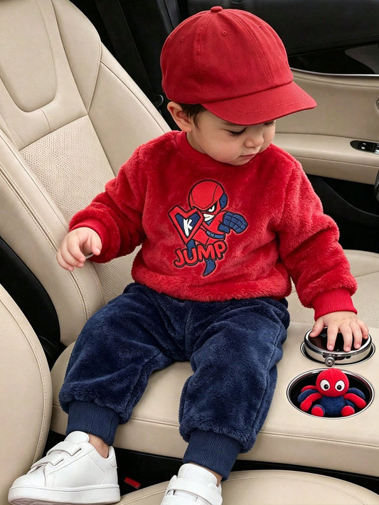Playful Pals 2pcs/Set Baby Boy Autumn/Winter Fleece Fabric Cartoon Embroidered Pattern Crew Neck Long Sleeve Solid Color Long Pants, Minimalist Style Suitable For Outings, Casual, Daily Sports
