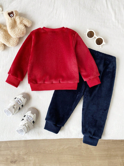 Playful Pals 2pcs/Set Baby Boy Autumn/Winter Fleece Fabric Cartoon Embroidered Pattern Crew Neck Long Sleeve Solid Color Long Pants, Minimalist Style Suitable For Outings, Casual, Daily Sports
