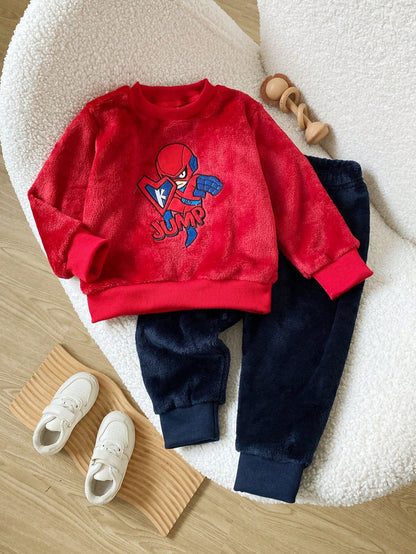 Playful Pals 2pcs/Set Baby Boy Autumn/Winter Fleece Fabric Cartoon Embroidered Pattern Crew Neck Long Sleeve Solid Color Long Pants, Minimalist Style Suitable For Outings, Casual, Daily Sports