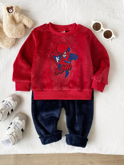 Playful Pals 2pcs/Set Baby Boy Autumn/Winter Fleece Fabric Cartoon Embroidered Pattern Crew Neck Long Sleeve Solid Color Long Pants, Minimalist Style Suitable For Outings, Casual, Daily Sports