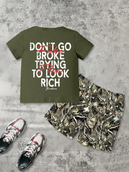 Playful Pals 2pcs/Set Baby Boy Casual Cow Boy Athletic Street Fashion Money Letter Print Round Neck Short Sleeve Top Shorts Summer Holiday Army Green Olive Green