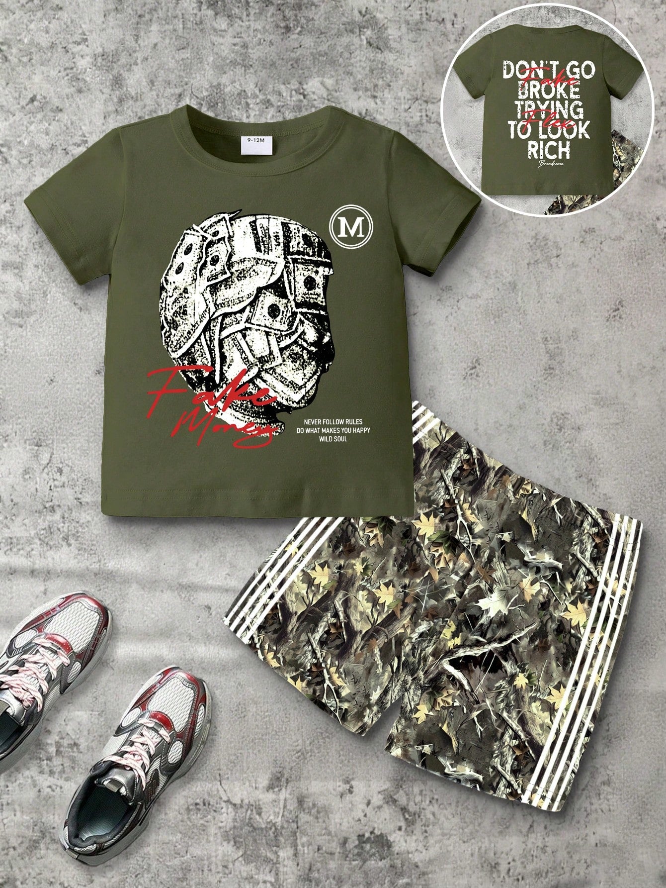 Playful Pals 2pcs/Set Baby Boy Casual Cow Boy Athletic Street Fashion Money Letter Print Round Neck Short Sleeve Top Shorts Summer Holiday Army Green Olive Green