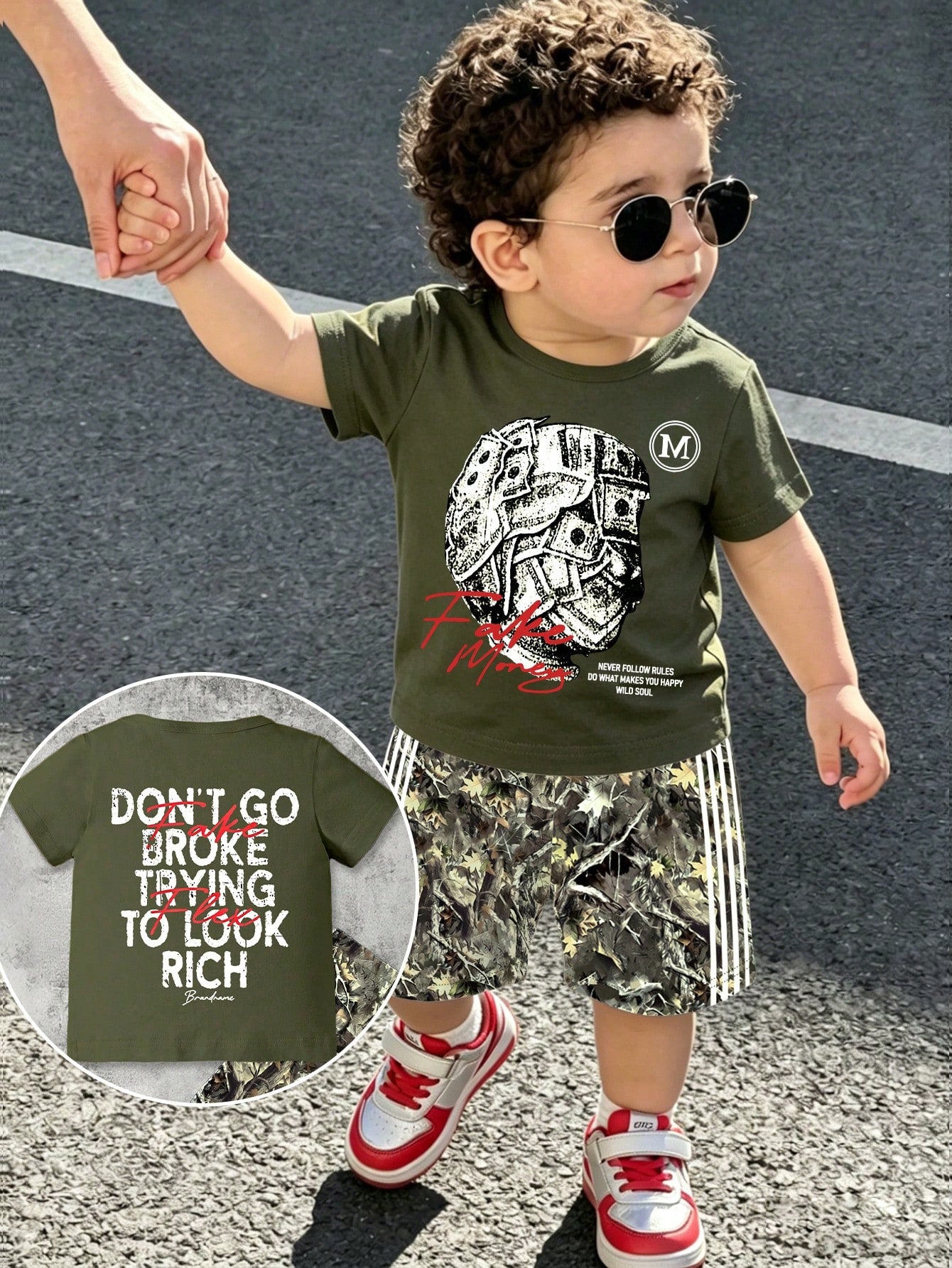 Playful Pals 2pcs/Set Baby Boy Casual Cow Boy Athletic Street Fashion Money Letter Print Round Neck Short Sleeve Top Shorts Summer Holiday Army Green Olive Green