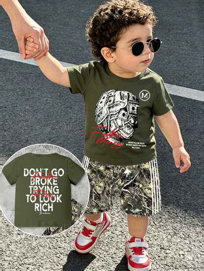 Playful Pals 2pcs/Set Baby Boy Casual Cow Boy Athletic Street Fashion Money Letter Print Round Neck Short Sleeve Top Shorts Summer Holiday Army Green Olive Green