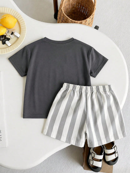 Playful Pals 2pcs/Set Baby Boys' Summer Vacation White Sun Graphic T-Shirt And Elastic Waist Striped Shorts Casual Beach Holiday Outfit For Infants & Toddlers