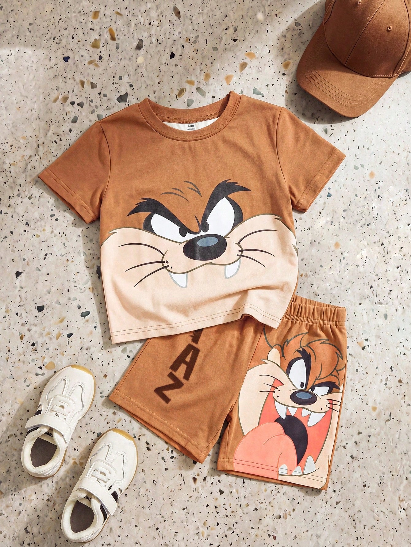 Playful Pals 2pcs/Set Baby Boys' Summer Vacation White Sun Graphic T-Shirt And Elastic Waist Striped Shorts Casual Beach Holiday Outfit For Infants & Toddlers