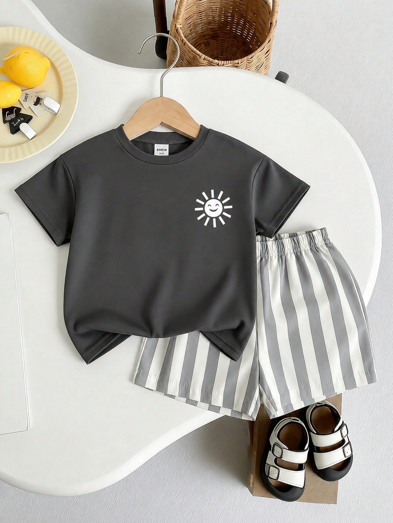 Playful Pals 2pcs/Set Baby Boys' Summer Vacation White Sun Graphic T-Shirt And Elastic Waist Striped Shorts Casual Beach Holiday Outfit For Infants & Toddlers