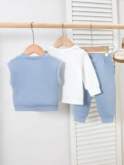 Playful Pals 3pcs Set Autumn/Winter Collegiate Style NY Print Long Sleeve Top + Print Solid Color Pants Set, Baby Boys Clothing