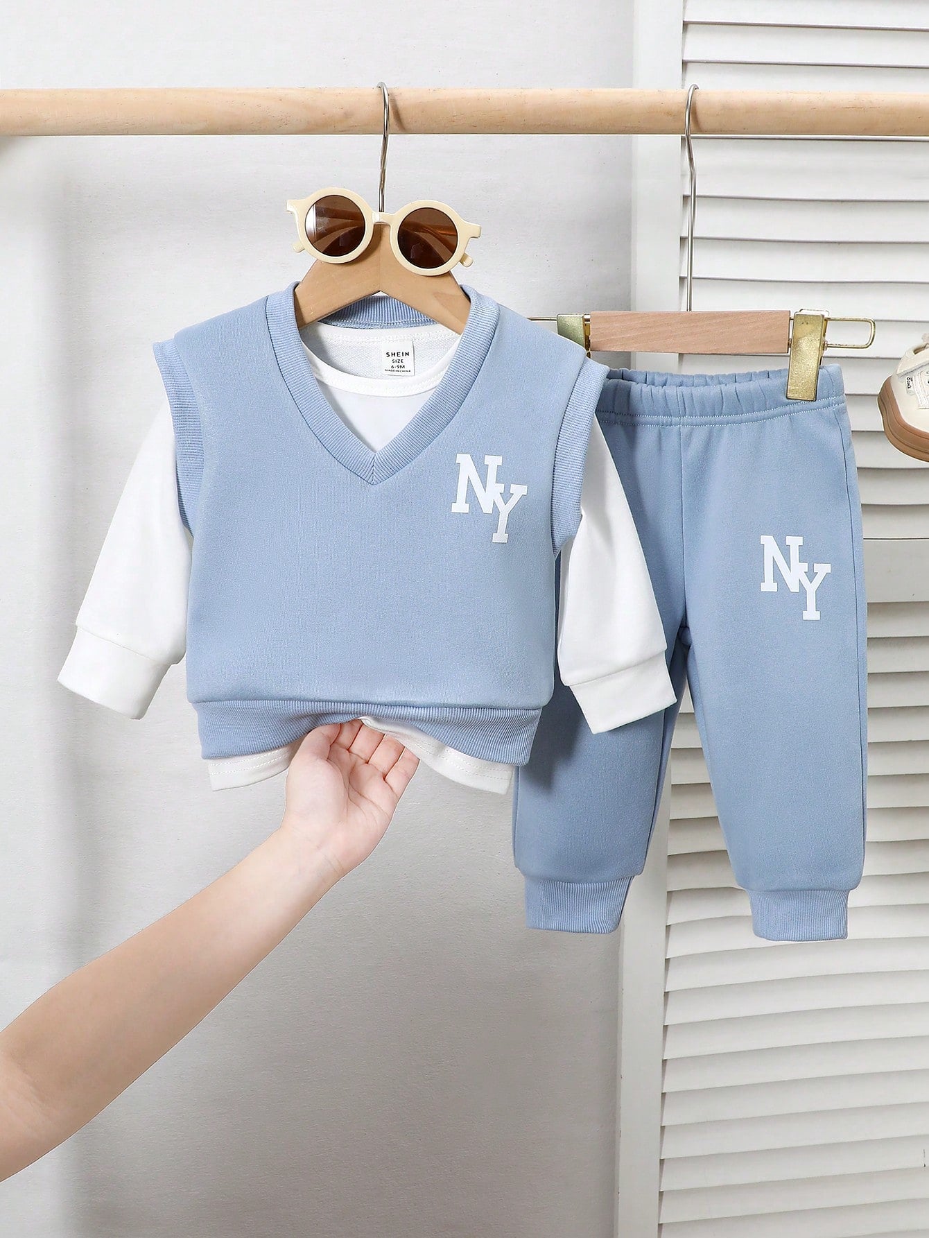 Playful Pals 3pcs Set Autumn/Winter Collegiate Style NY Print Long Sleeve Top + Print Solid Color Pants Set, Baby Boys Clothing