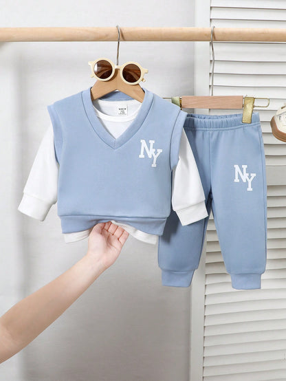 Playful Pals 3pcs Set Autumn/Winter Collegiate Style NY Print Long Sleeve Top + Print Solid Color Pants Set, Baby Boys Clothing