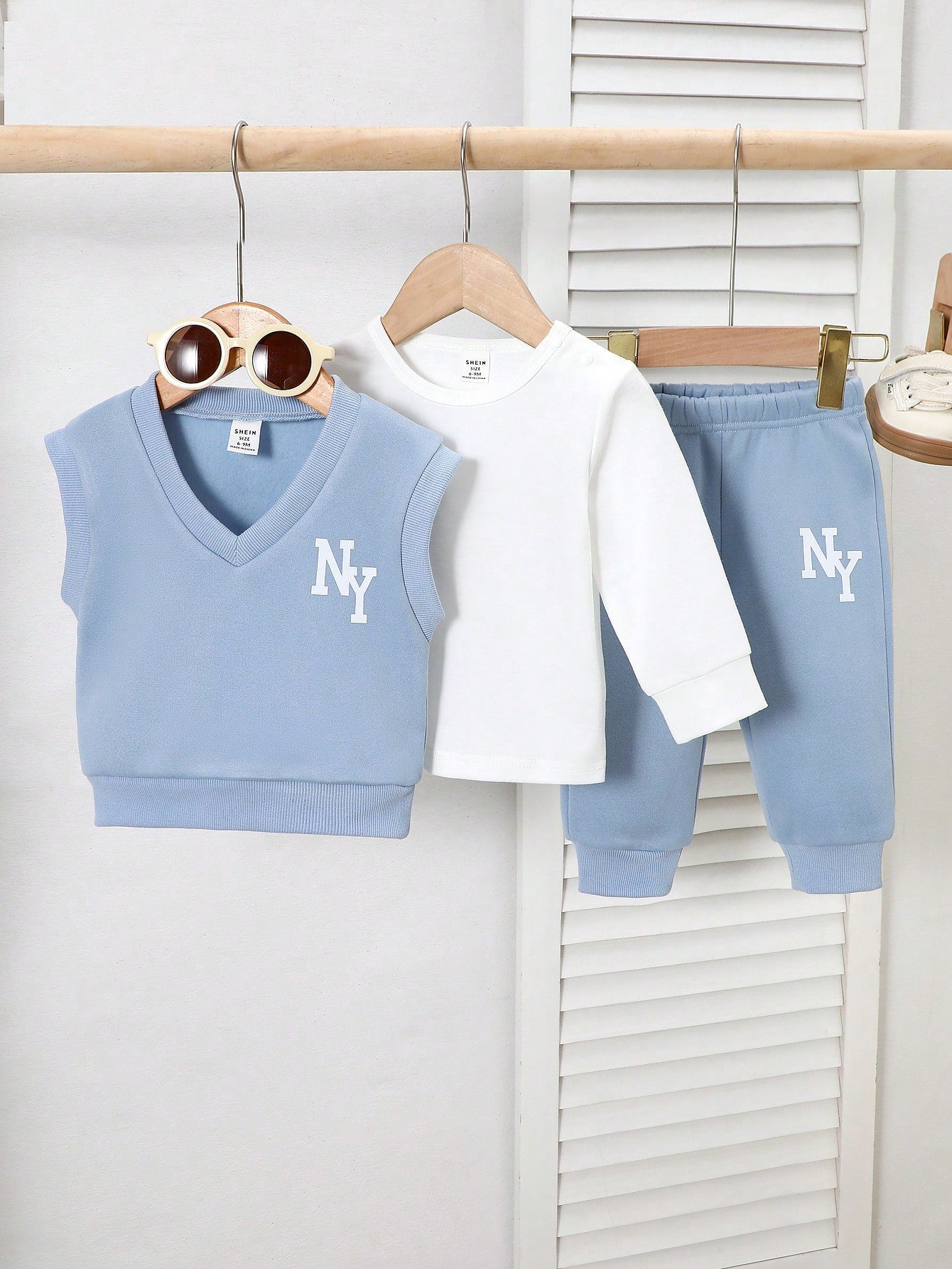Playful Pals 3pcs Set Autumn/Winter Collegiate Style NY Print Long Sleeve Top + Print Solid Color Pants Set, Baby Boys Clothing
