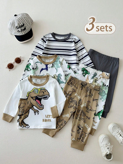 Playful Pals 3sets Baby Boy Cute White Dinosaur Pattern Striped Long Sleeve Crew Neck Top & Elastic Waist Pants T