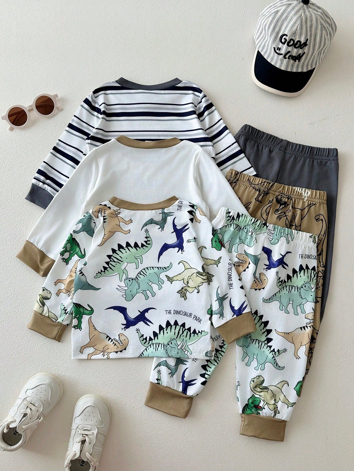 Playful Pals 3sets Baby Boy Cute White Dinosaur Pattern Striped Long Sleeve Crew Neck Top & Elastic Waist Pants T