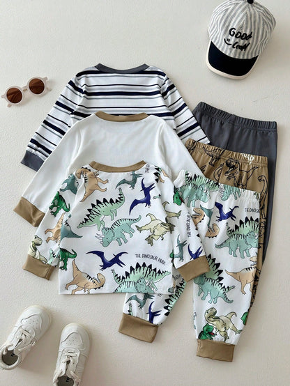 Playful Pals 3sets Baby Boy Cute White Dinosaur Pattern Striped Long Sleeve Crew Neck Top & Elastic Waist Pants T